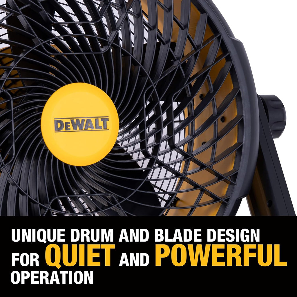 DEWALT Industrial High-Velocity Floor Fan AC/DC Dual Power Supply, 270° Adjustable Tilt Design 3-Speed 4000 CFM 6 ft Cord 18-Inch Barrel Fan, DXF1850B (Tool Only)