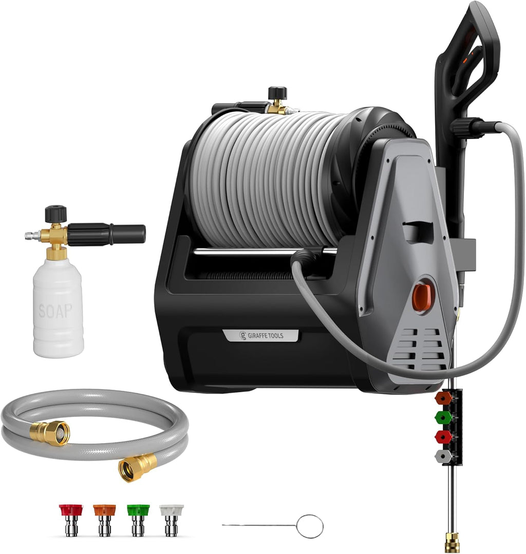 Giraffe Tools Grandfalls Retractable Wall Mount Pressure Washer Plus, Electric Power Washer with 100ft Pressure Hose, Max 2900PSI 2.2 GPM, Automatic Rewind, Any Length Lock, Dark Silver