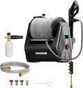 Giraffe Tools Grandfalls Retractable Wall Mount Pressure Washer Plus, Electric Power Washer with 100ft Pressure Hose, Max 2900PSI 2.2 GPM, Automatic Rewind, Any Length Lock, Dark Silver