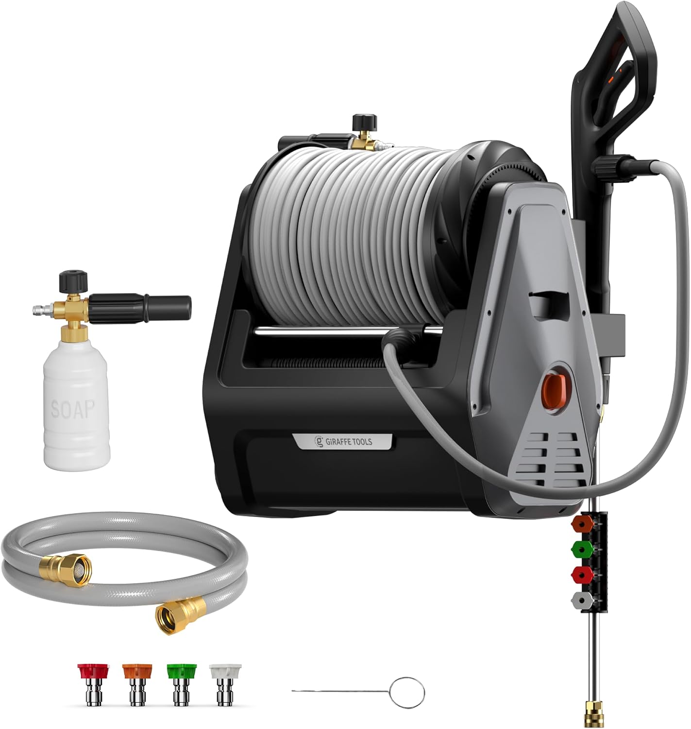 Giraffe Tools Grandfalls Retractable Wall Mount Pressure Washer Plus, Electric Power Washer with 100ft Pressure Hose, Max 2900PSI 2.2 GPM, Automatic Rewind, Any Length Lock, Dark Silver