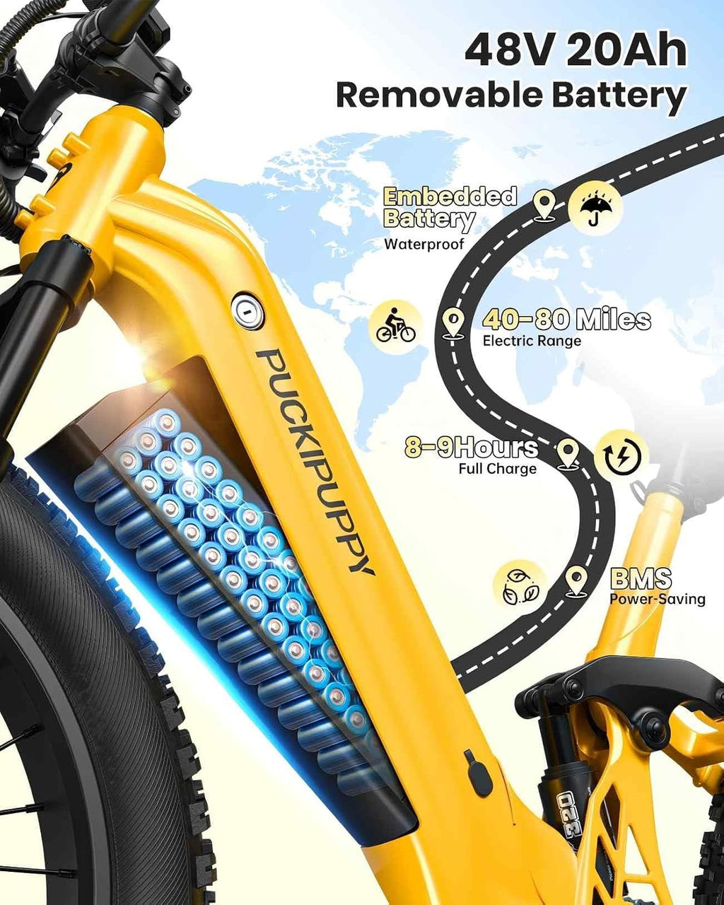 PUCKIPUPPY Battery+Electric Bike for Adults 960W(Peak), 48V 20AH Battery Adult Electric Bicycles, 26' Fat Tire Full Suspension Step-Thru Ebike, 28MPH Mountain Ebike, 7 Speed, 80Miles Range