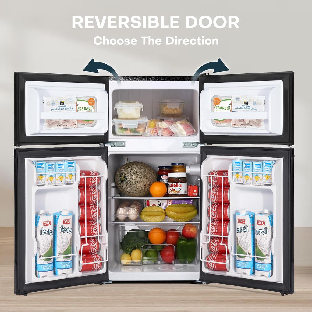 Upstreman 3.1 Cu.Ft Mini Fridge with Freezer, Double Door Small Fridge, Dorm Essentials, Adjustable Thermostat, Energy Saving, Mini Refrigerator for Office, Dorm,Bedroom, Stainless