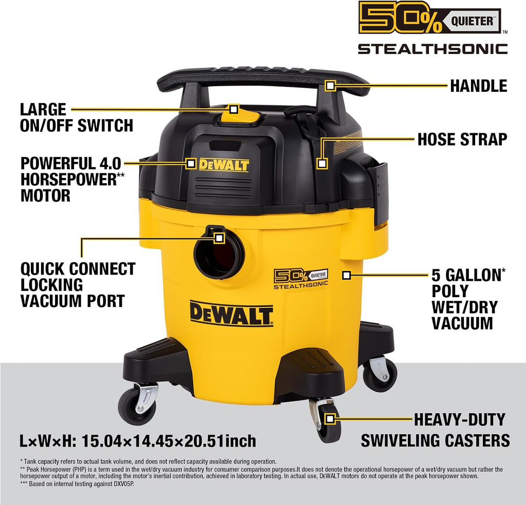 DEWALT Wet Dry Shop Vac 5 Gallon, STEALTHSONIC Ultra Quiet Shop Vacuum Wet and Dry 4 Peak HP, Powerful Suction Wet Dry Vacuum Cleaner, Portable Vacuum for Home, Garage, Workshop, Jobsite, DXV05P-QT
