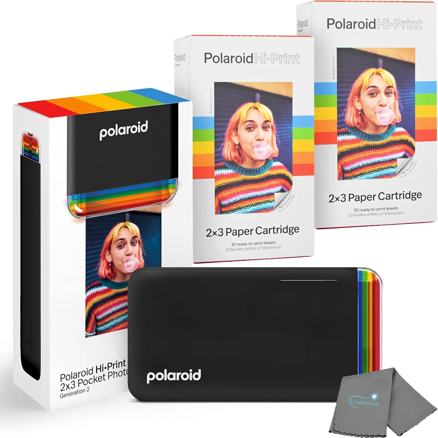 Polaroid Hi Print + 40 Photo Bundle, 2nd Generation Phone Printer, 2x3 Pocket Photo Printer, Portable Bluetooth Photo Printer for iPhone & Android Cleaning Cloth