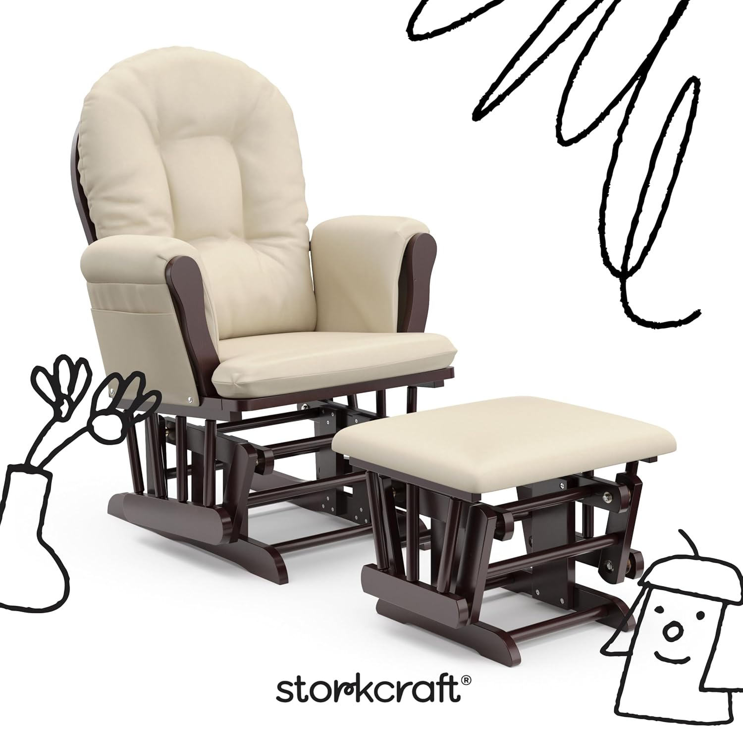 Storkcraft Premium Hoop Glider & Ottoman (Espresso with Beige) — GREENGUARD Gold Certified, Solid Wood Craftsmanship, Convenient Storage Pockets, Glider Rocking Chair for Nursery, Multi-Award-Winning