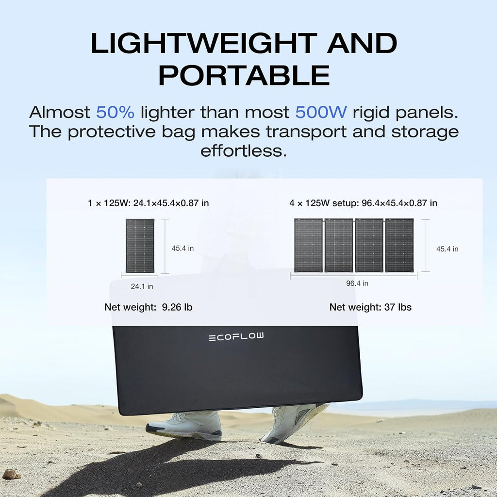 EF ECOFLOW 4PCS 125W Solar Panels, 500W Bifacial Rigid Modular Solar Panel Up to 25% Efficiency with IP68 Waterproof Rate, Adjustable Support and Solar Angle Guide for Camping, RVs & Home