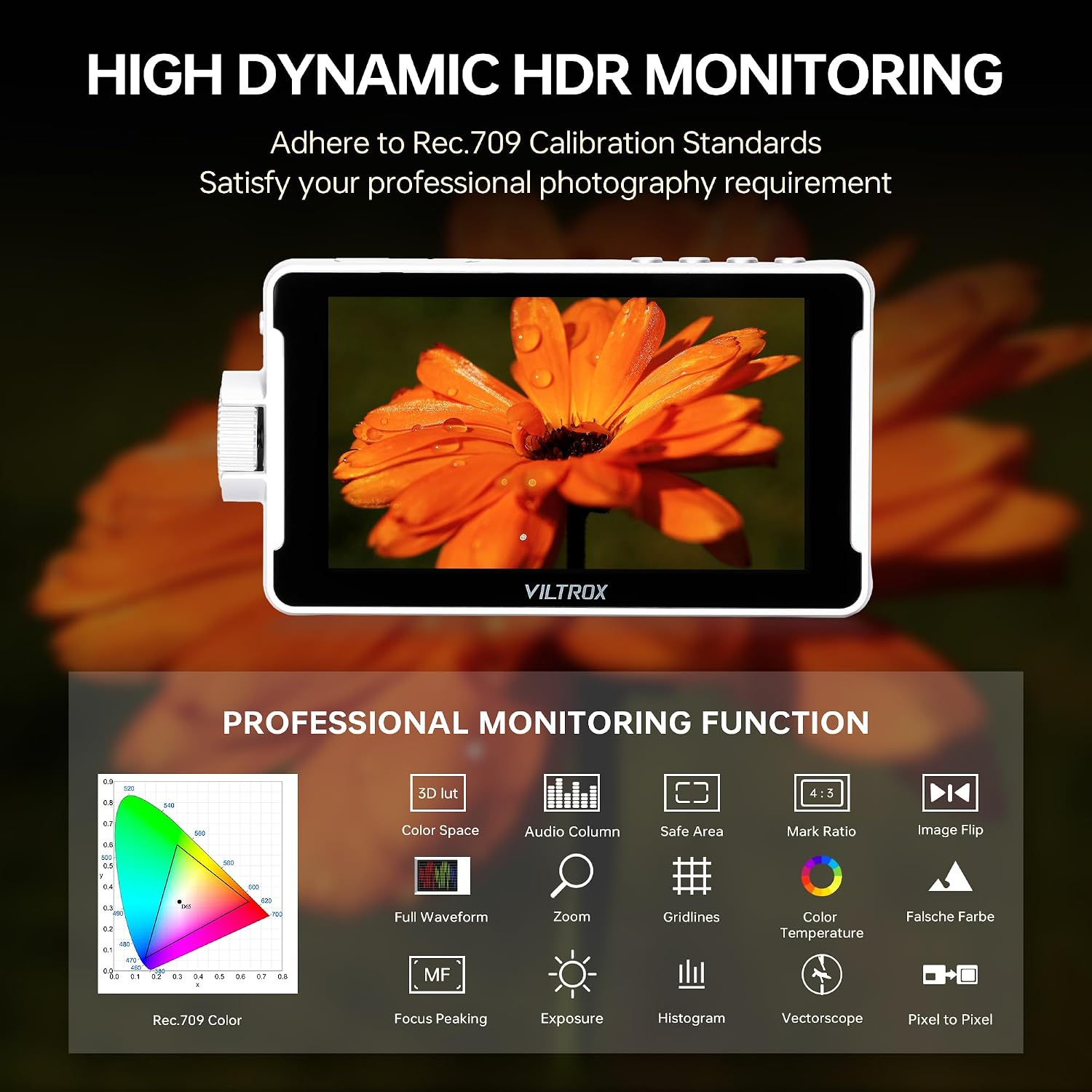 VILTROX DC-V1 5.5' Touchscreen Camera Field Monitor DSLR Monitor with 3D LUT Waveform 400Nits 160° Wide View Angle 1920X1080 IPS 4K HDMI Loop in/Out Video Peaking Focus Assist, Battery/Sunshade Hood