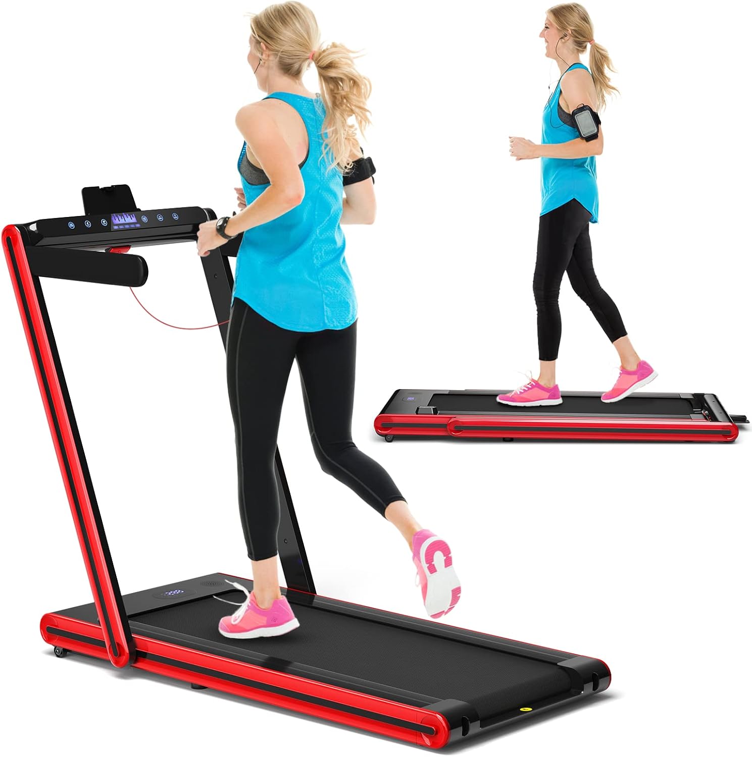 GYMAX 2 in 1 Under Desk Treadmill, Folding Running Machine with Dual LED Display, APP & Remote Control, Walking Pad Jogging Machine for Home Gym Small Space (Red)