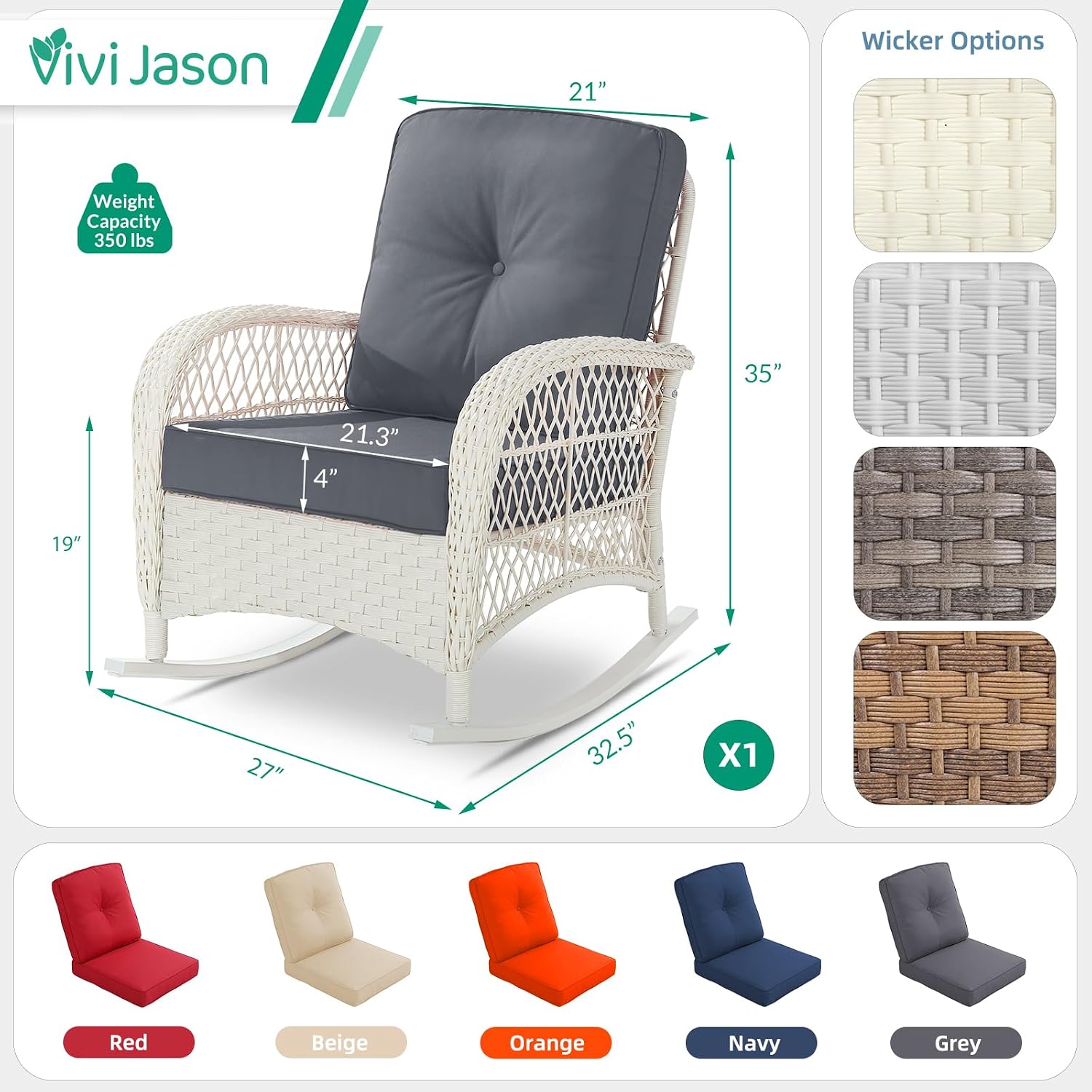 VIVIJASON Outdoor Wicker Rocking Chair, Patio Rattan Rocker Chair with Cushions & Steel Frame, All-Weather Rocking Lawn Furniture for Garden Backyard Porch, Cream White/Grey