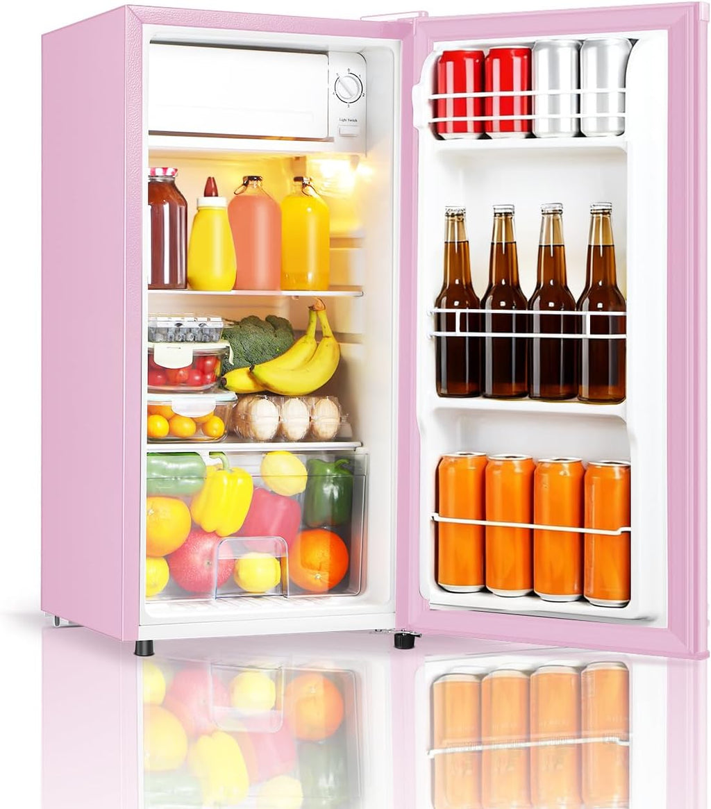 Seaoola Mini Fridge with Freezer, Single Door 3.1 Cu.Ft, Compact Mini Refrigerator, LED Light, Adjustable Thermostat, Removable Glass Shelves, Small Refrigerator for Dorm/Office/Bedroom(Pink)