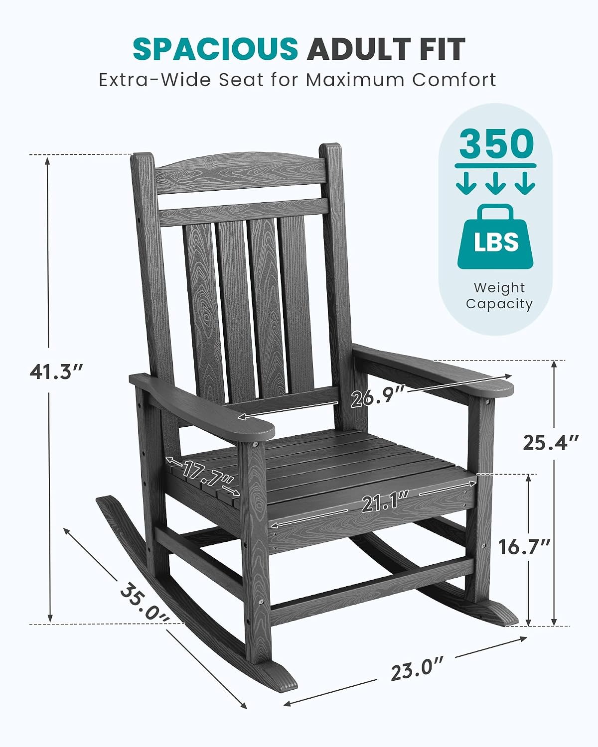 SERWALL Oversized Outdoor Rocking Chair, HDPE Patio Rocking Chair All-Weather Porch Rocker for Balcony, Yard, Dark Gray