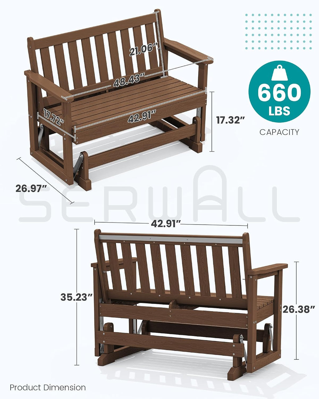 SERWALL Outdoor Glider Bench Set of 4, HDPE Weather-Resistant Swinging Bench for Backyard Garden Porch, Brown