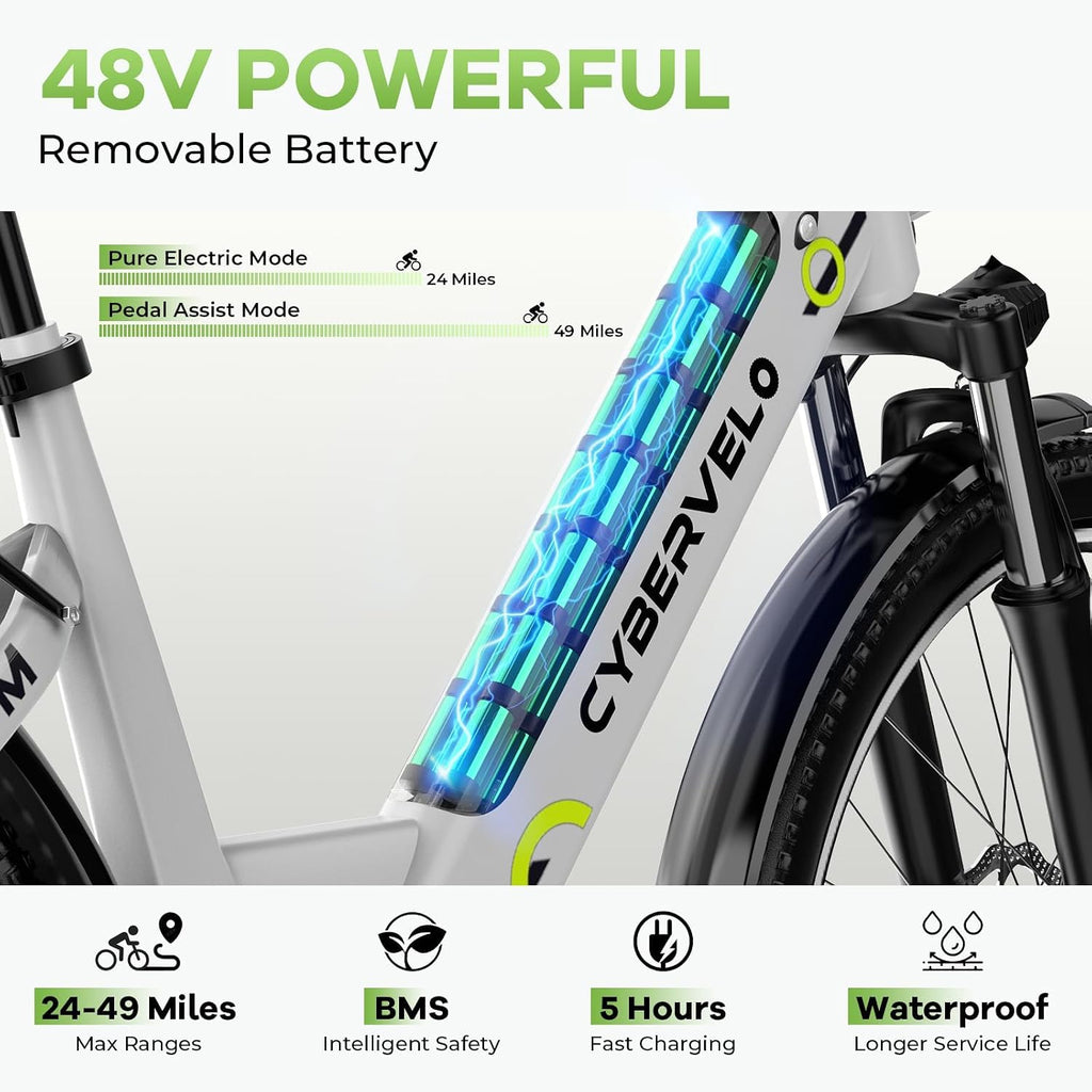 Cybervelo 750W Peak Electric Bike for Adults,up 80 Miles 25AH Removable Battery Ebike, 26' Electric E Bike with 7-Speed,Adult Electric Bicycles for Commute Beach Snow Man Womens All Terrain