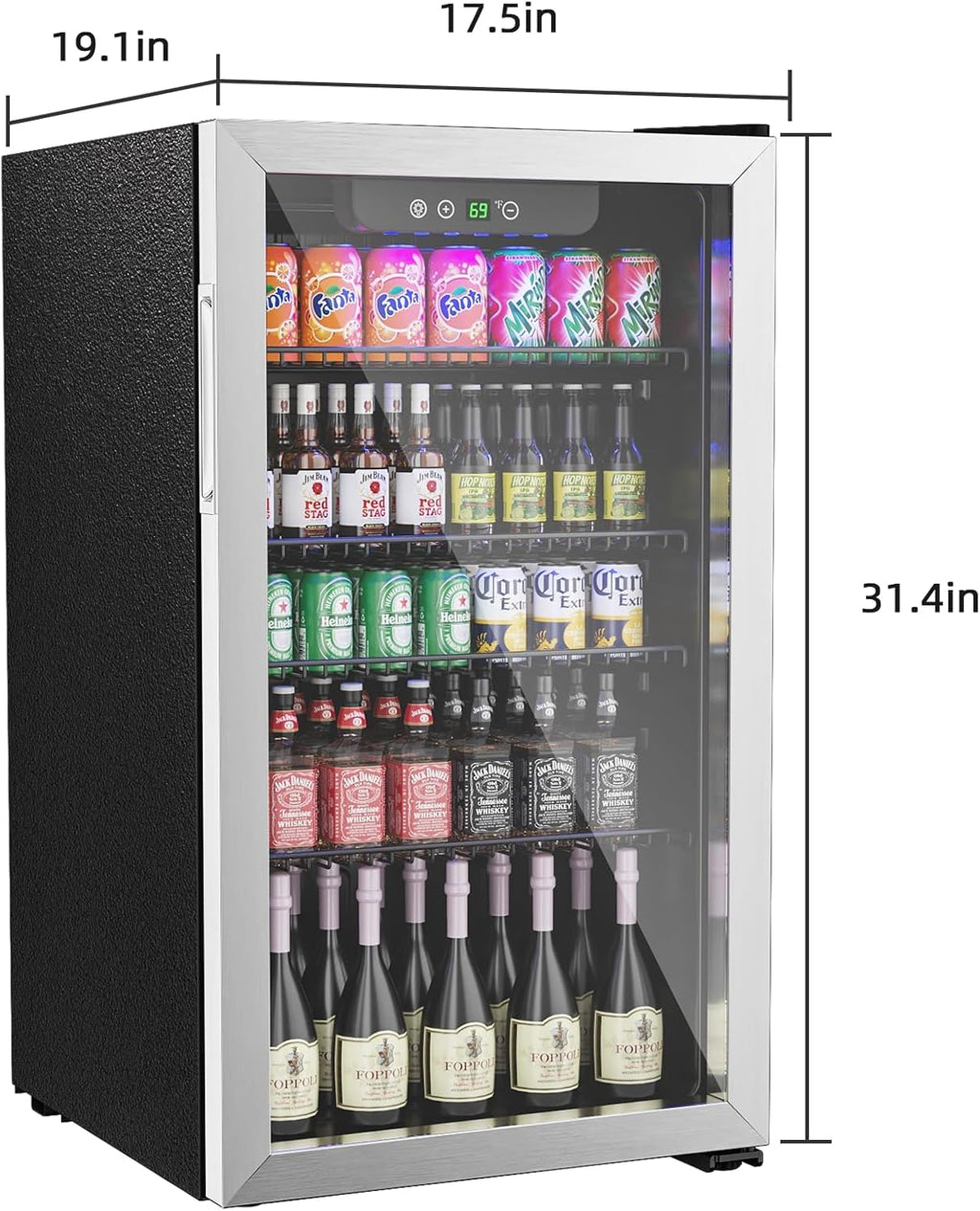126 Can Freestanding Beverage Refrigerator, 3.2 Cu. Ft Drink Fridge with Glass Door, Adjustable Shelves & Temperature Control, Quiet Compressor Small Refrigerator for Soda, Beer or Wine