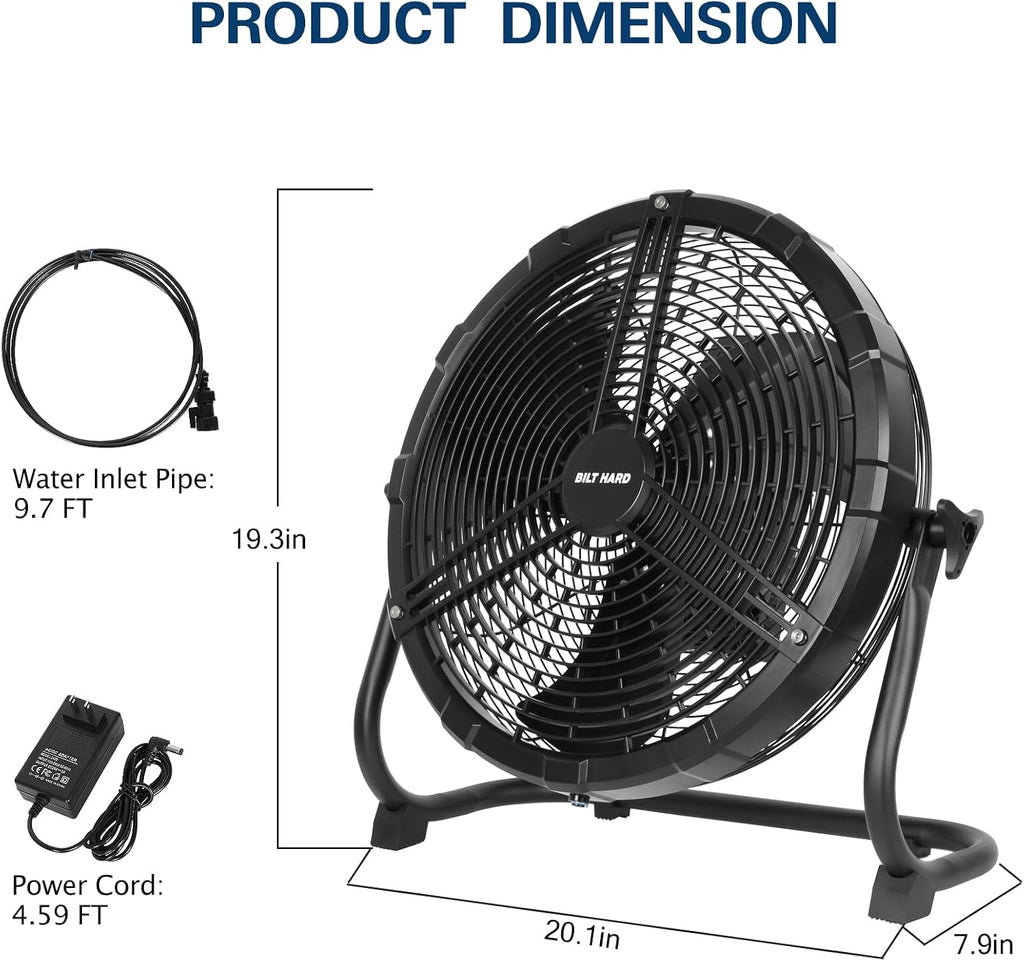 BILT HARD 16 Inch Outdoor Portable Misting Fan, Battery Operated Floor Fan with 15600mAh Detachable Battery, Outside Rechargeable Portable Fan for Patio, Camping, Travel