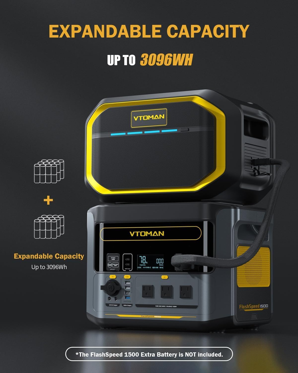 VTOMAN FlashSpeed 1500 Portable Power Station 1548Wh, Recharge 0-100% within 1H, LiFePO4 (LFP) Battery Powered Solar Generator with 110V/1500W AC Output/Input, 100W USB Port