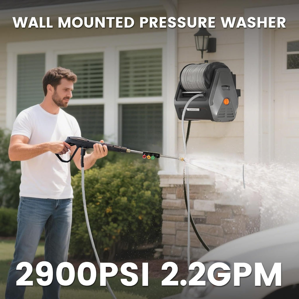 Giraffe Tools Grandfalls Retractable Wall Mount Pressure Washer Plus, Electric Power Washer with 100ft Pressure Hose, Max 2900PSI 2.2 GPM, Automatic Rewind, Any Length Lock, Dark Silver