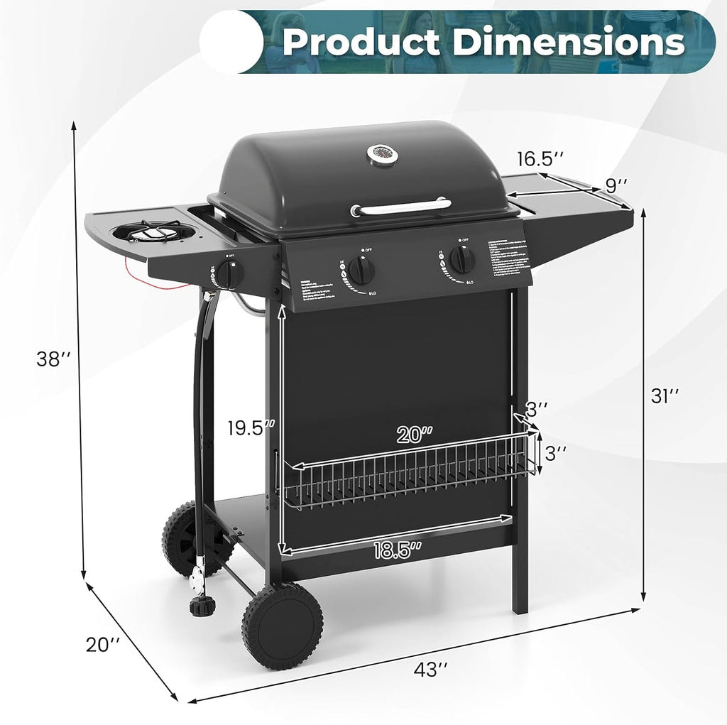 Happygrill 2 + 1 Burner Propane Gas Grill, 30,000 BTU Outdoor Cooking Grill with Storage Shelves & Porcelain-Enameled Grates, Portable BBQ Grills on Wheels w/Thermometer for Backyard, Camping & Picnic