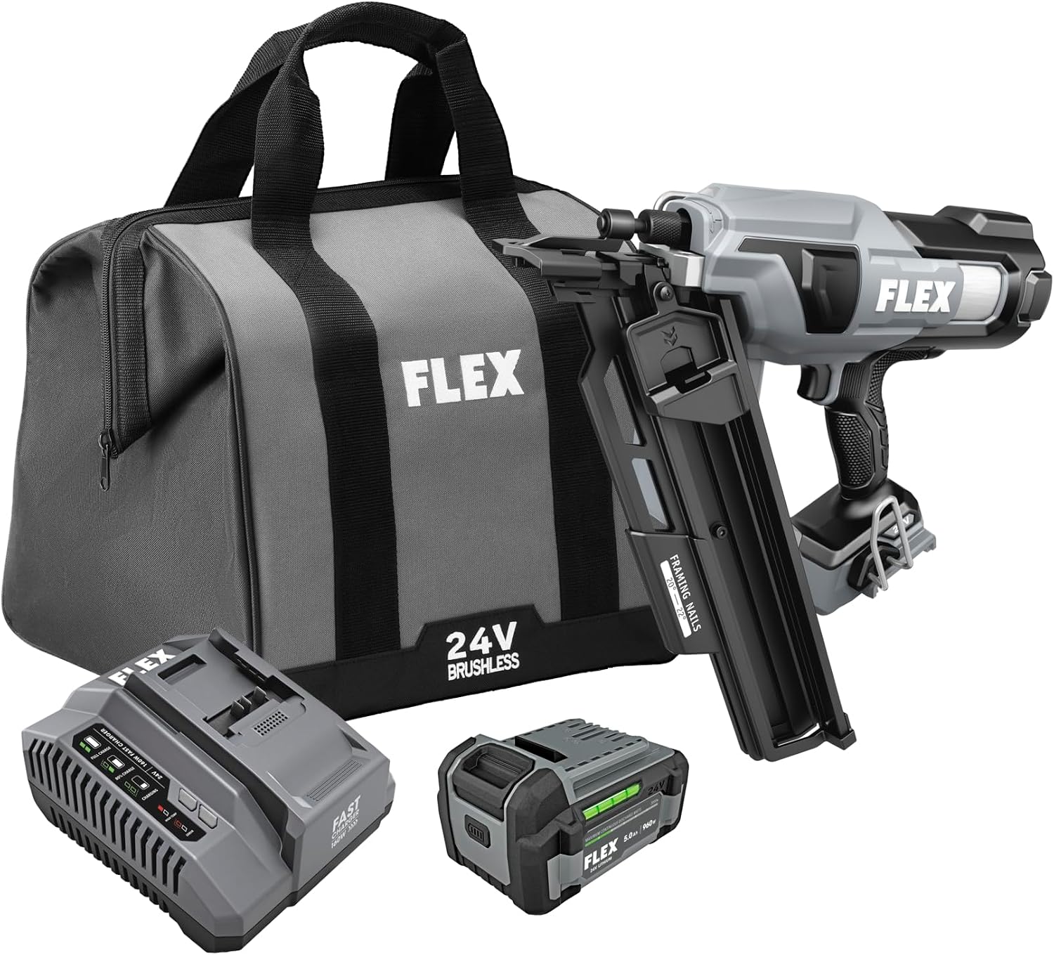 FLEX 24V Brushless 21° Framing Nailer Kit, Zero Ramp-up Time, 3 Nails/Sec, Ideal for Framing, Sheathing and Decking, w/ 5.0Ah Lithium Battery & 160W Fast Charger - FX4351A-1C