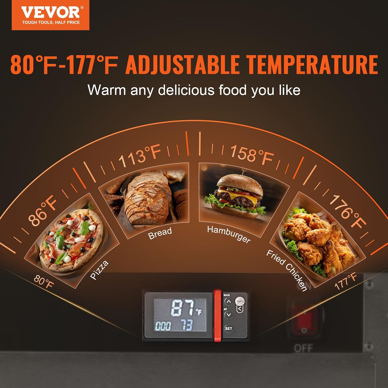 VEVOR Hot Box Food Warmer, 4-Tier Concession Warmer with Water Tray, 4 Pans, Glass Double-door and Adjustable Shelves, Stainless Steel Food Warmer Cabinet, Ideal for Storing Pizza, Chicken, Restaurant
