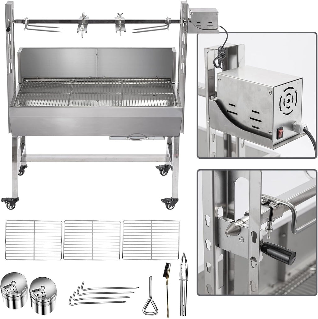 25W Stainless steel pig roaster rotisserie grill, 34.6-inch rated 132-pound barbecue grill suitable for outdoor camping kitchens