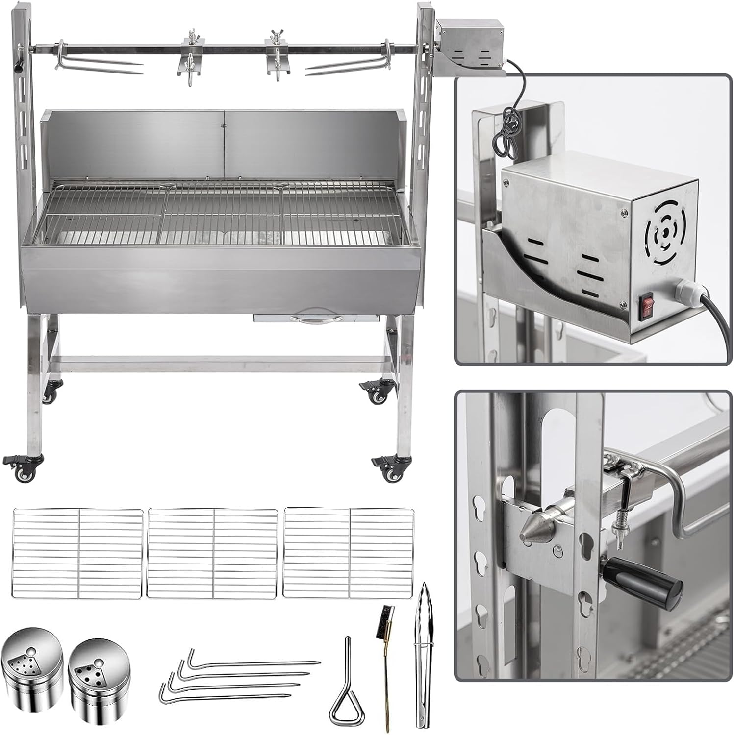 25W Stainless steel pig roaster rotisserie grill, 34.6-inch rated 132-pound barbecue grill suitable for outdoor camping kitchens