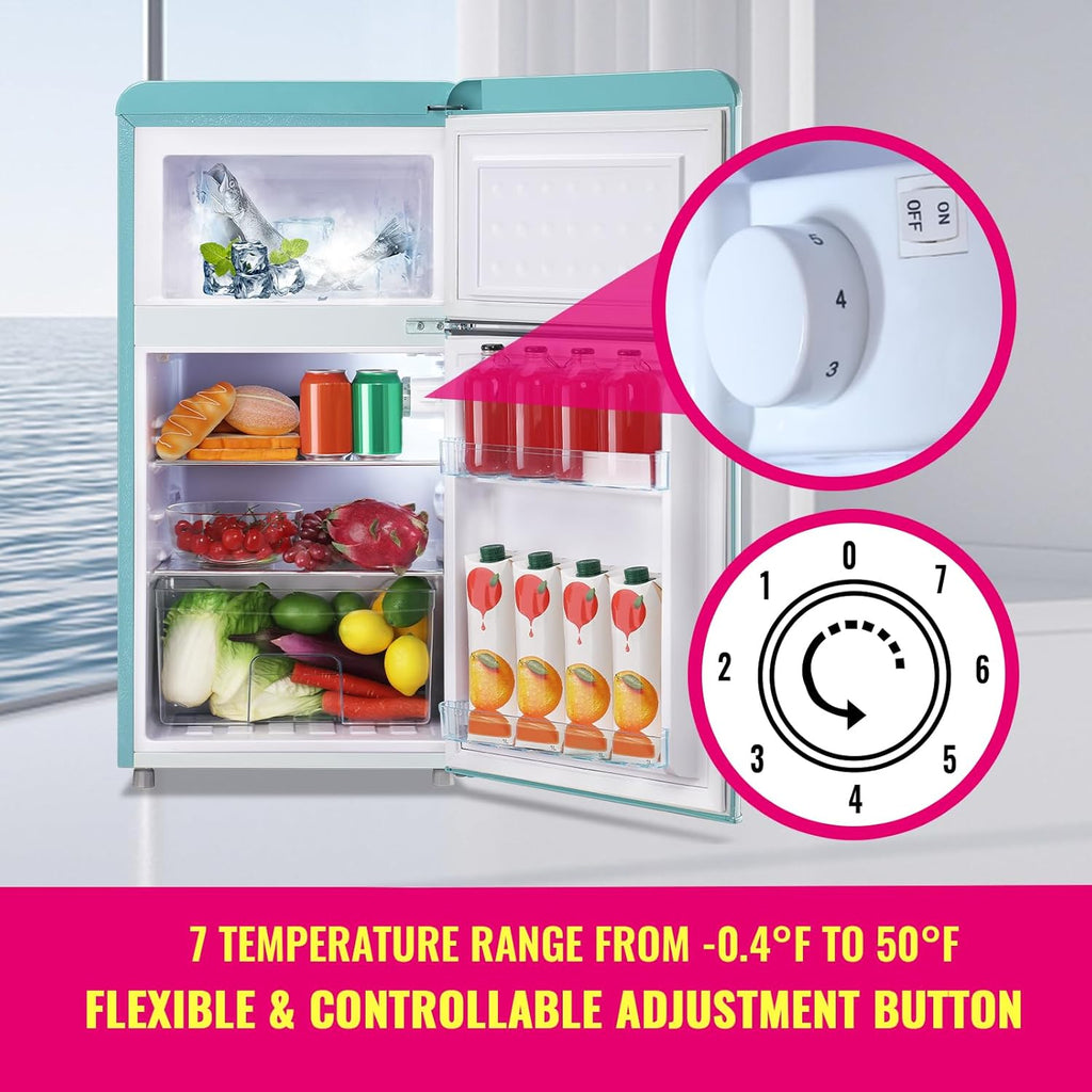 DEMULELR Retro Mini Fridge Dual Door Refrigerator with Freezer, 3.5 Cu.ft Small Refrigerator with Handle, Adjustable Temperature & Removable Glass Shelves, for Apartment/Dorm/Office/RV, BLUE