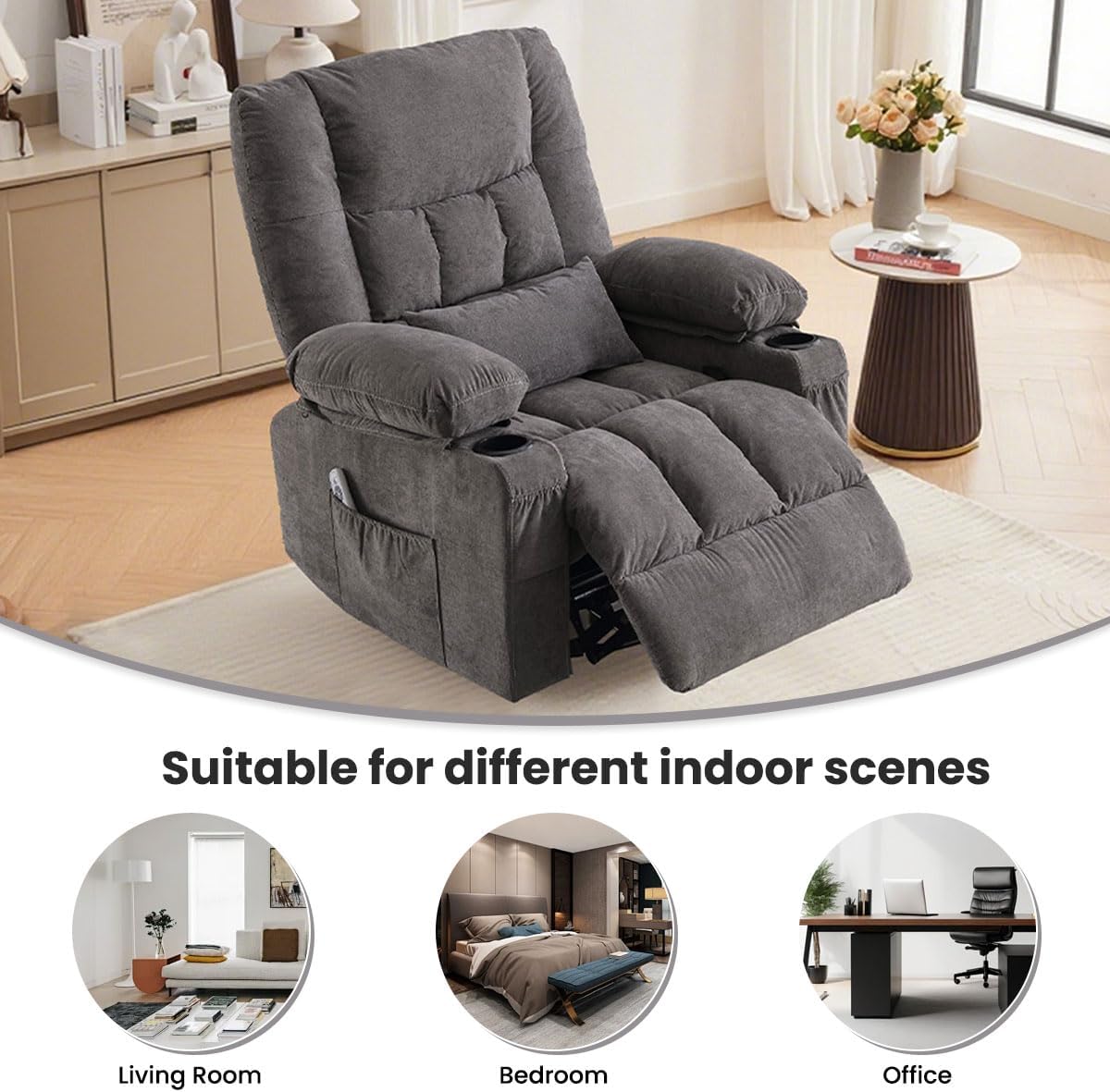 BOSMILLER Oversized Recliner Chair for Adults with Vibration Massage and Lumbar Heating Swivel Rocker Recliner with Cup Holder and USB Charge Port for Living Room