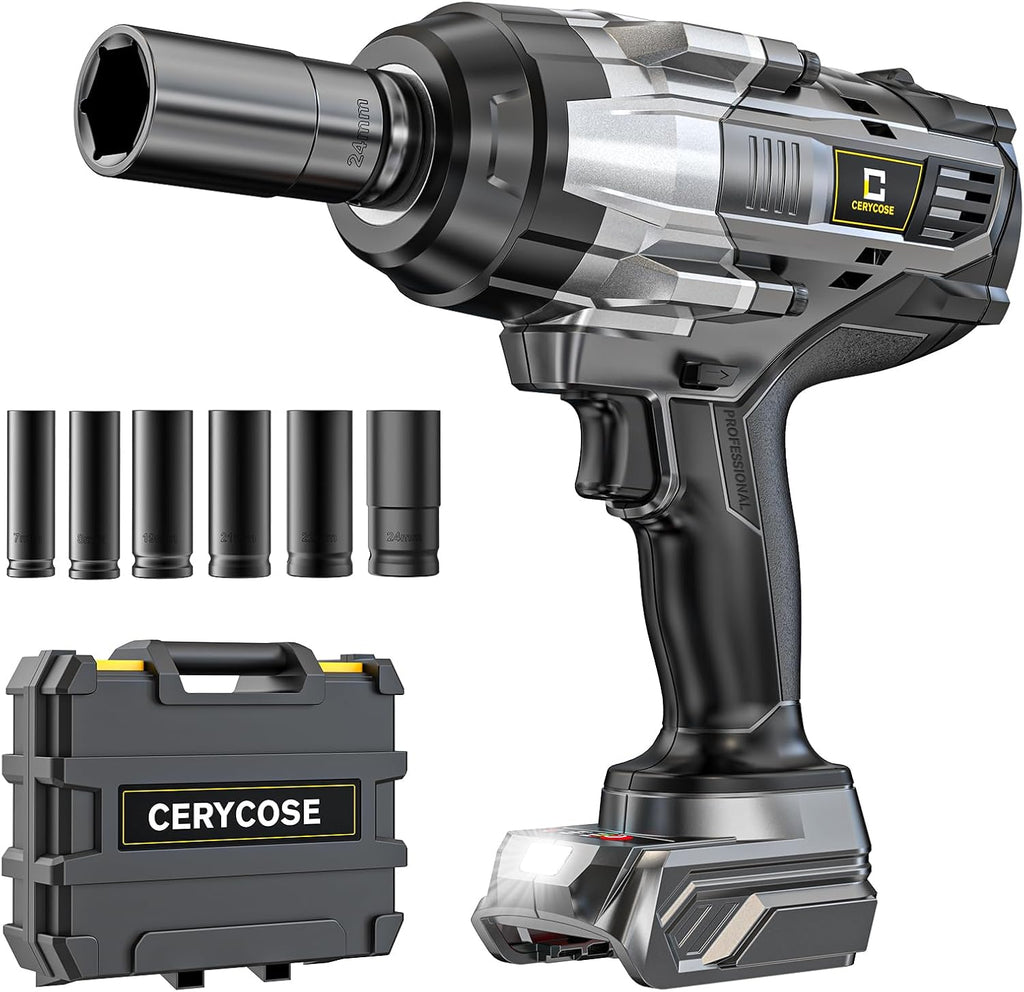 Cerycose Cordless Impact Wrench 1/2 inch Compatible with DeWalt 20V Battery: 1700FT-LBS High Torque Impact Wrench with 6 Sockets & Case - Brushless Electric Impact Gun LED Work Light, Bare Tool