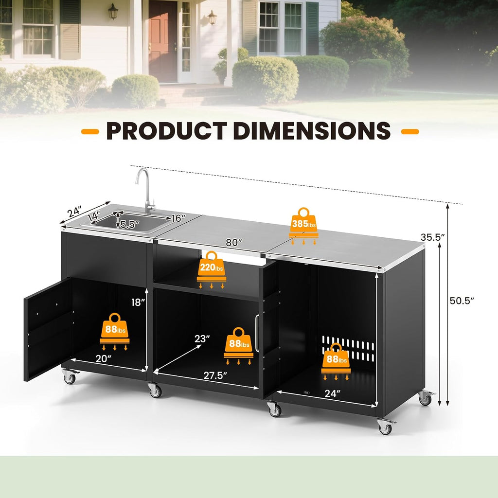 Happygrill 80' Outdoor Grill Table with Sink & Drainage, Heavy Duty Metal Grill Cart w/Cabinet & Removable Stainless Steel Top, Portable Prep Cooking Table w/Wheels for BBQ, Patio, Camping & Backyard