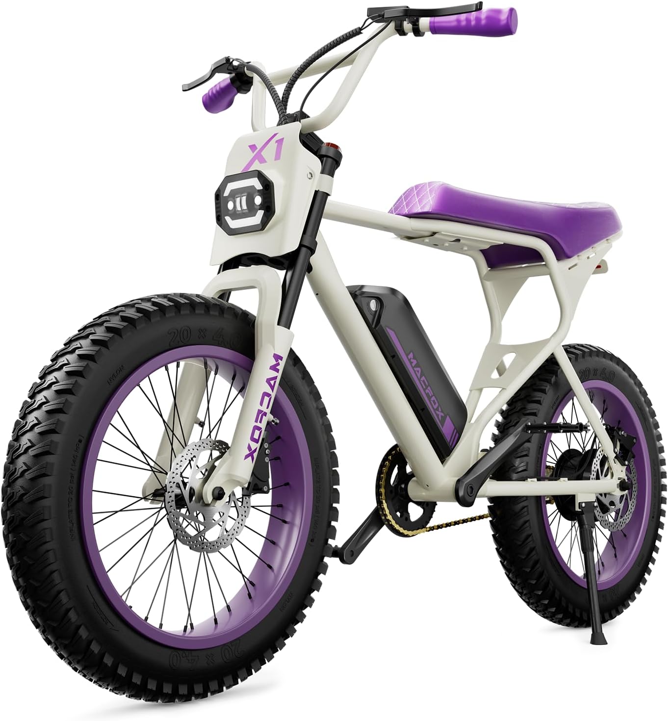MACFOX X1S Electric Bike, Ebike 500W/48V/10.4Ah, 20' Fat Tire Electric Bicycles Up to 20MPH & 40 Miles with Retro Motorcycle Design, Removable Battery, 50N.m Max Torque (Purple+White)