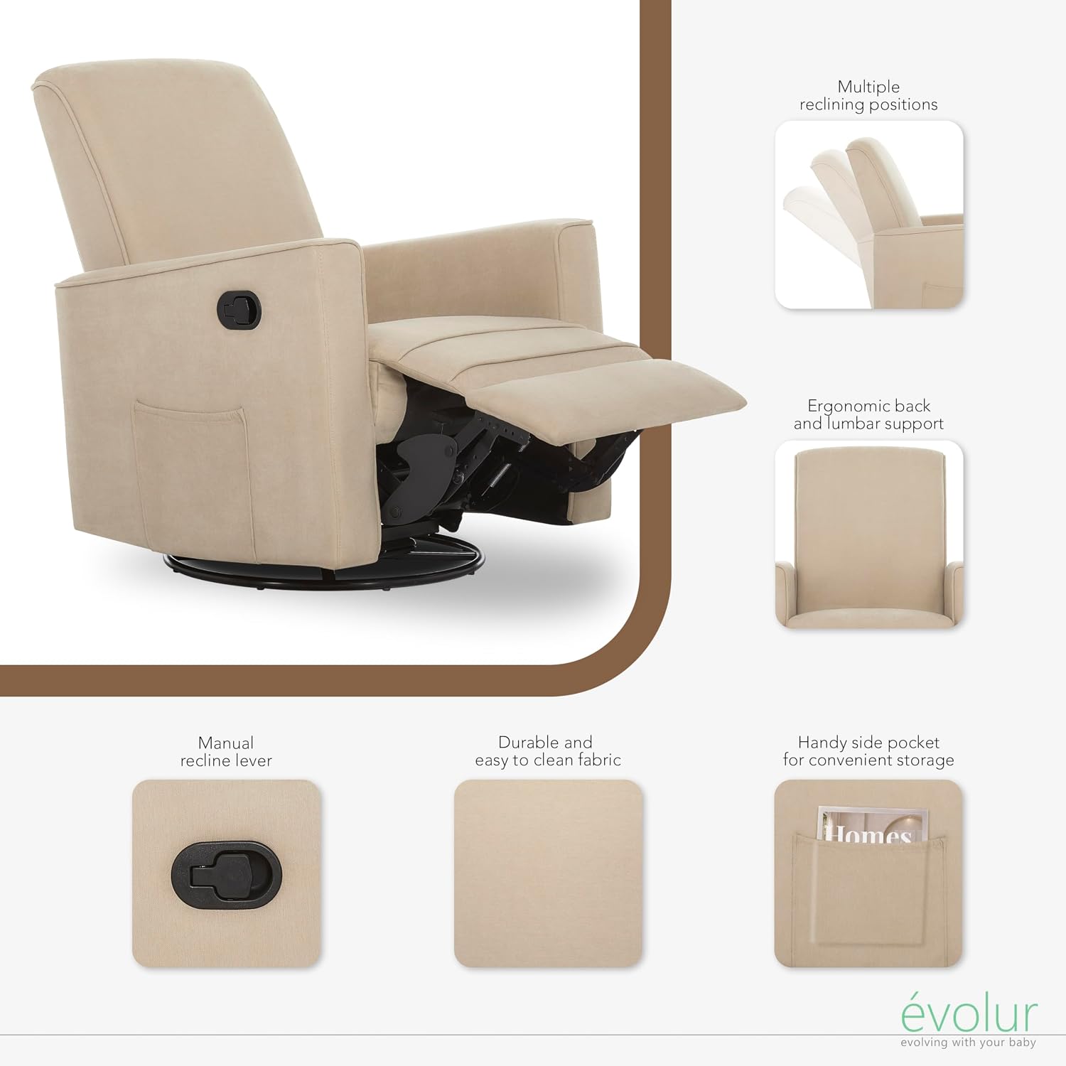 Evolur Raleigh Upholstered Manual Glider Recliner– Rocking & 360° Swivel with Smooth Glide – Greenguard Gold & FSC Certified – Modern Nursery and Living Room Chair in Tan