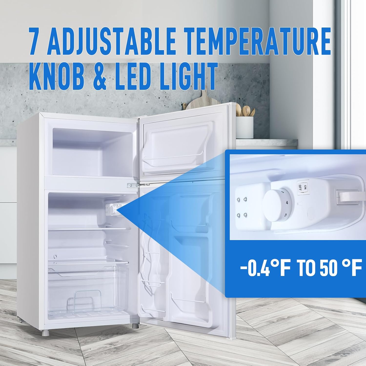 WANAI Mini Fridge with Freezer, 3.5 CU.FT Small Refrigerator with 2 Door & 7 Gear Mechanical Control & Side Bottle Rack, LED Light, Ideal for Dorm, Kitchen, Apartment, Office, White