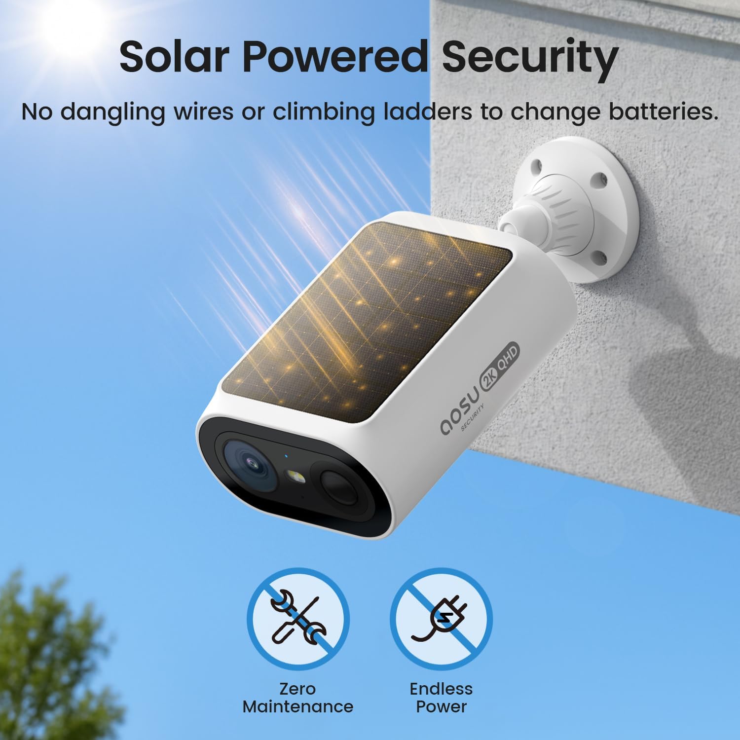 aosu Solar Security Cameras Wireless Outdoor, 2Mins DIY Installation, No Subscription Required Cameras for Home Security System, Local Storage, 2K Color Night Vision, 2.4&5GHz WiFi, 2 Cam-kit