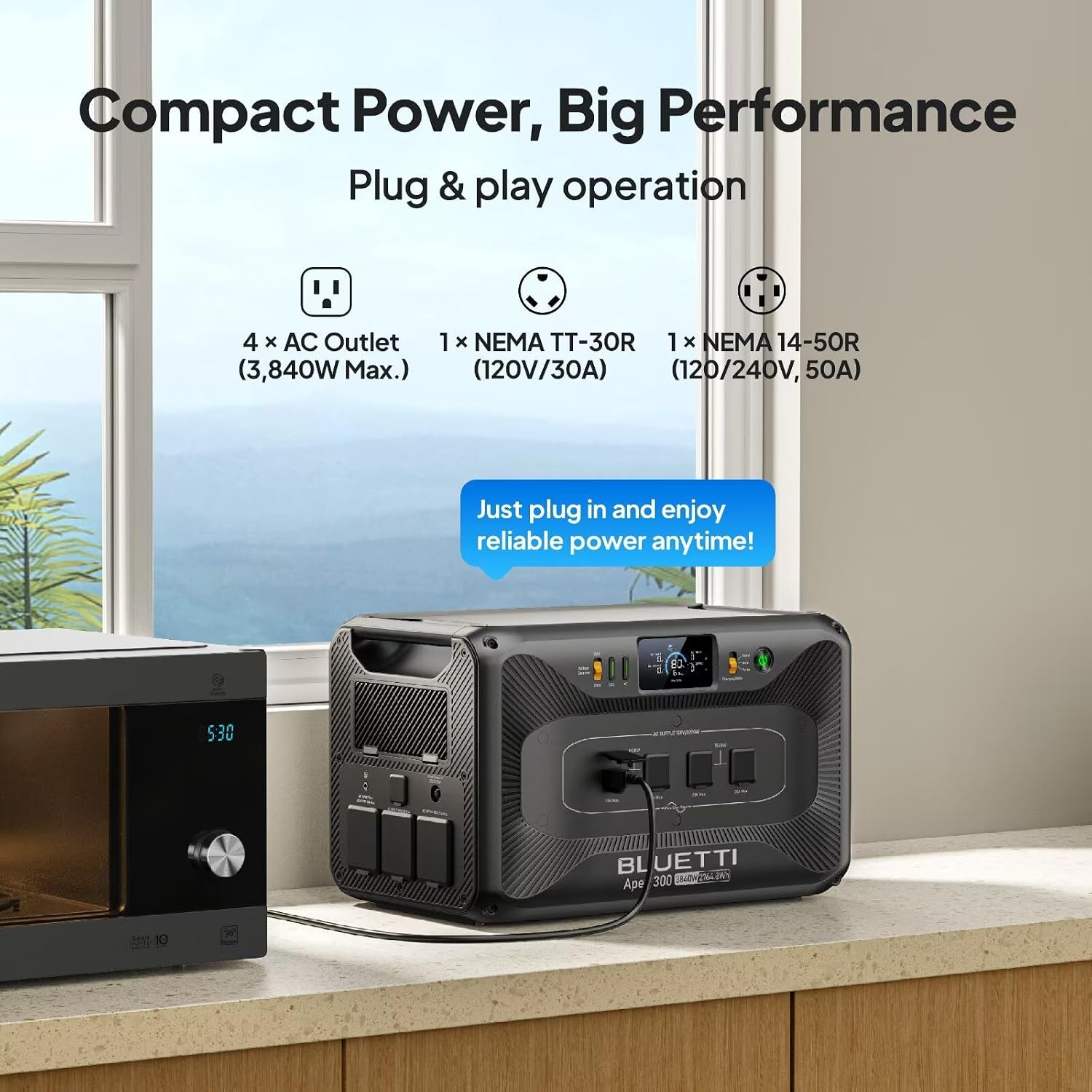 BLUETTI Solar Generator Apex 300 & AC Cable, 2764.8Wh LFP Battery Backup with 6 3840W AC Outlets (7680W Surge), Simultaneous 120V/240V Output & Black Start, Modular Power for Home, RV and Emergencies