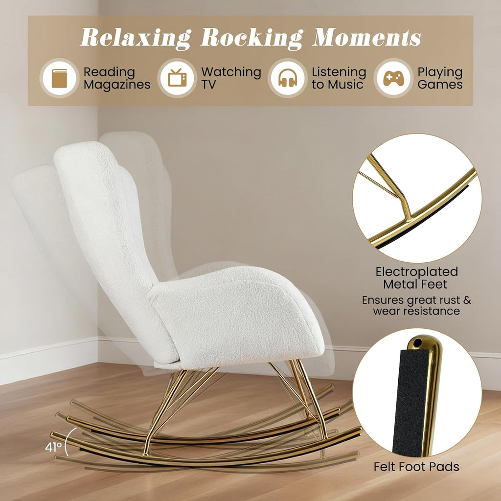 Giantex Rocking Chair Nursery, Upholstered Glider Rocker w/Curved Backrest & Armrests, Detachable Seat Cushion, Electroplated Metal Legs, Modern Accent Chair for Living Room, Bedroom (1)