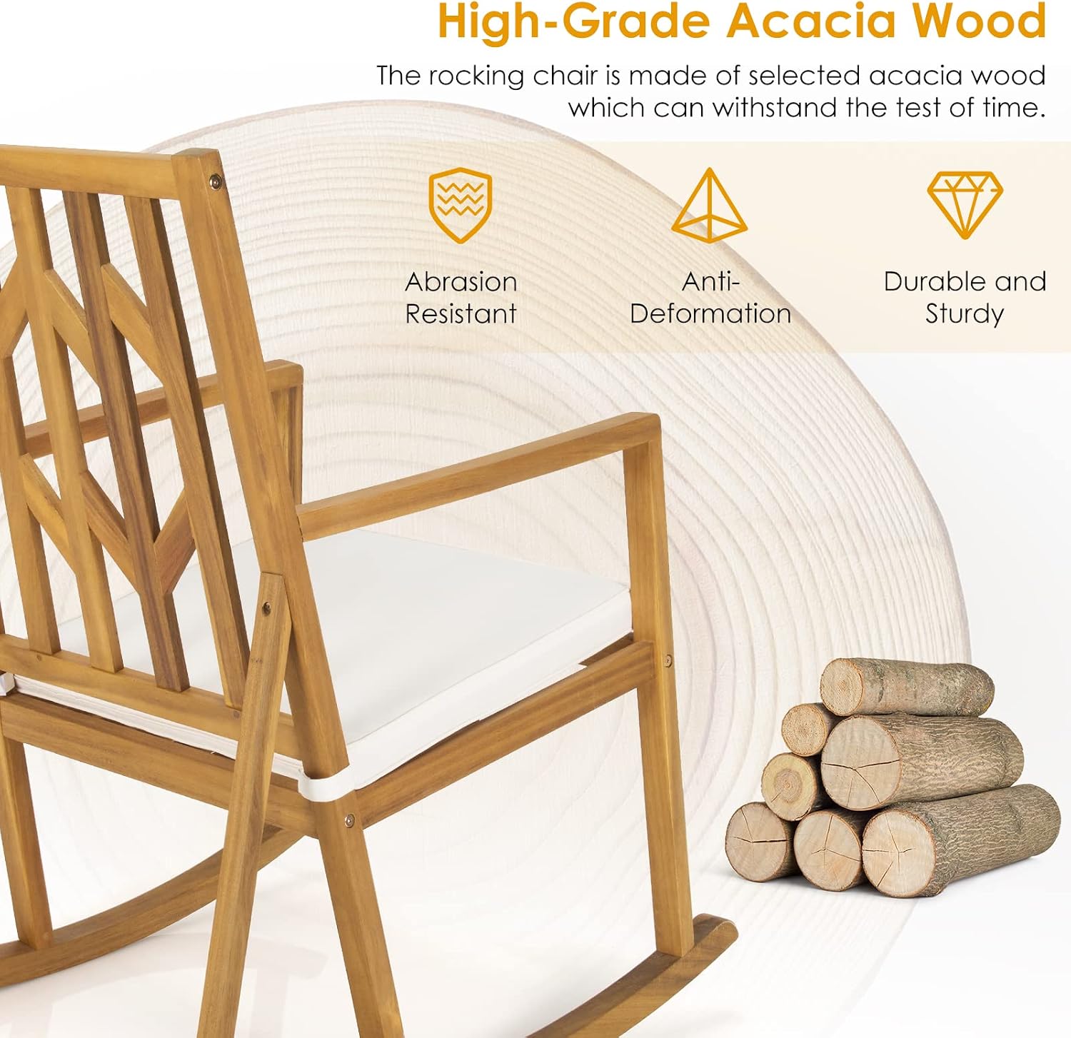Tangkula 2 Pieces Acacia Wood Patio Rocking Chair, Outdoor Porch Rocker W/Removable High-Density Cushion, All-Weather Resistance, Perfect for Garden, Backyard, Poolside