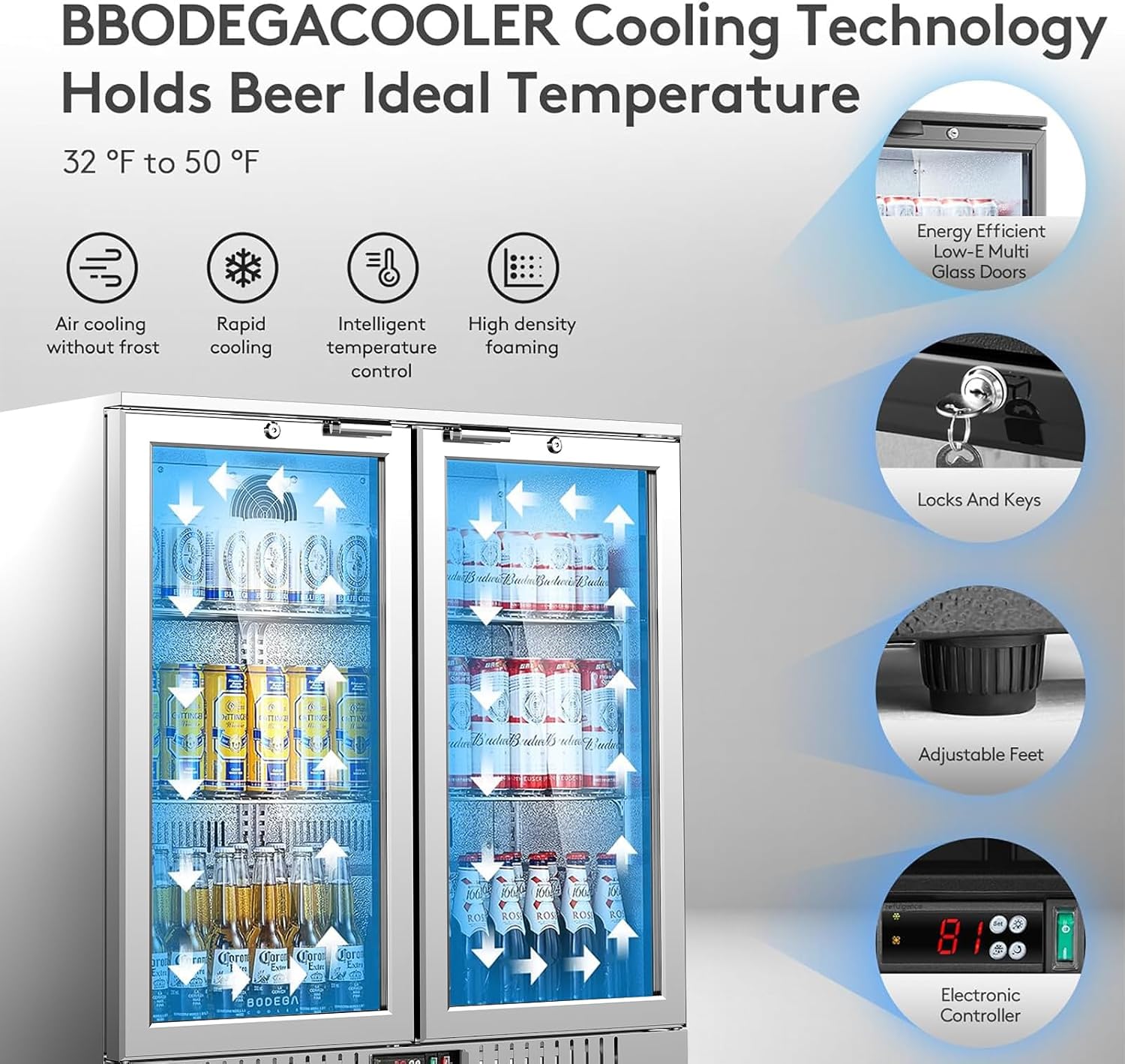 BODEGA BODEGACOOLER Back Bar Cooler With 2 Glass Doors,7.4 Cu.Ft Stainless Steel Commercial Back Bar Fridgewith LED Lighting,Counter Height Bar Beverage Cooler for Beer,Soda Drinks,Wine