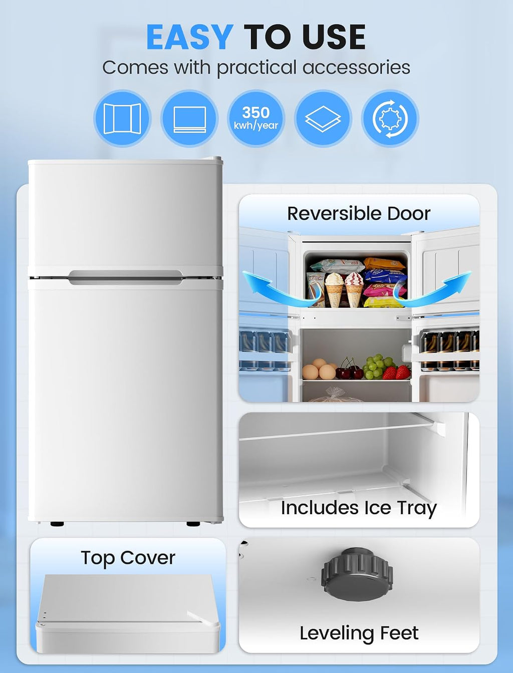 COWSAR 2.5 Cu.Ft Dorm Fridge with Freezer, Double Reversible Door Compact Refrigerator with 2 Removable Shelves, Commercial Drink Fridge for Bedroom, Office, Kitchen, Dorm, White