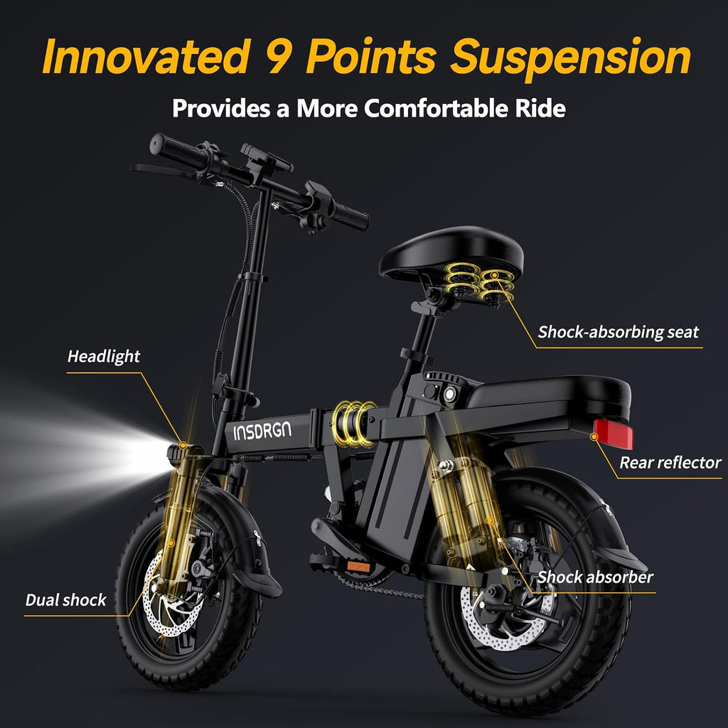 INSDRGN Folding Electric Bike for Adults Teens, Peak 1500W, 62 Miles PAS Range, 48V 16AH Removable Li Battery Ebike, 9 Shocks Full Suspension, 20 MPH Electric Bicycle, UL2849 Certified