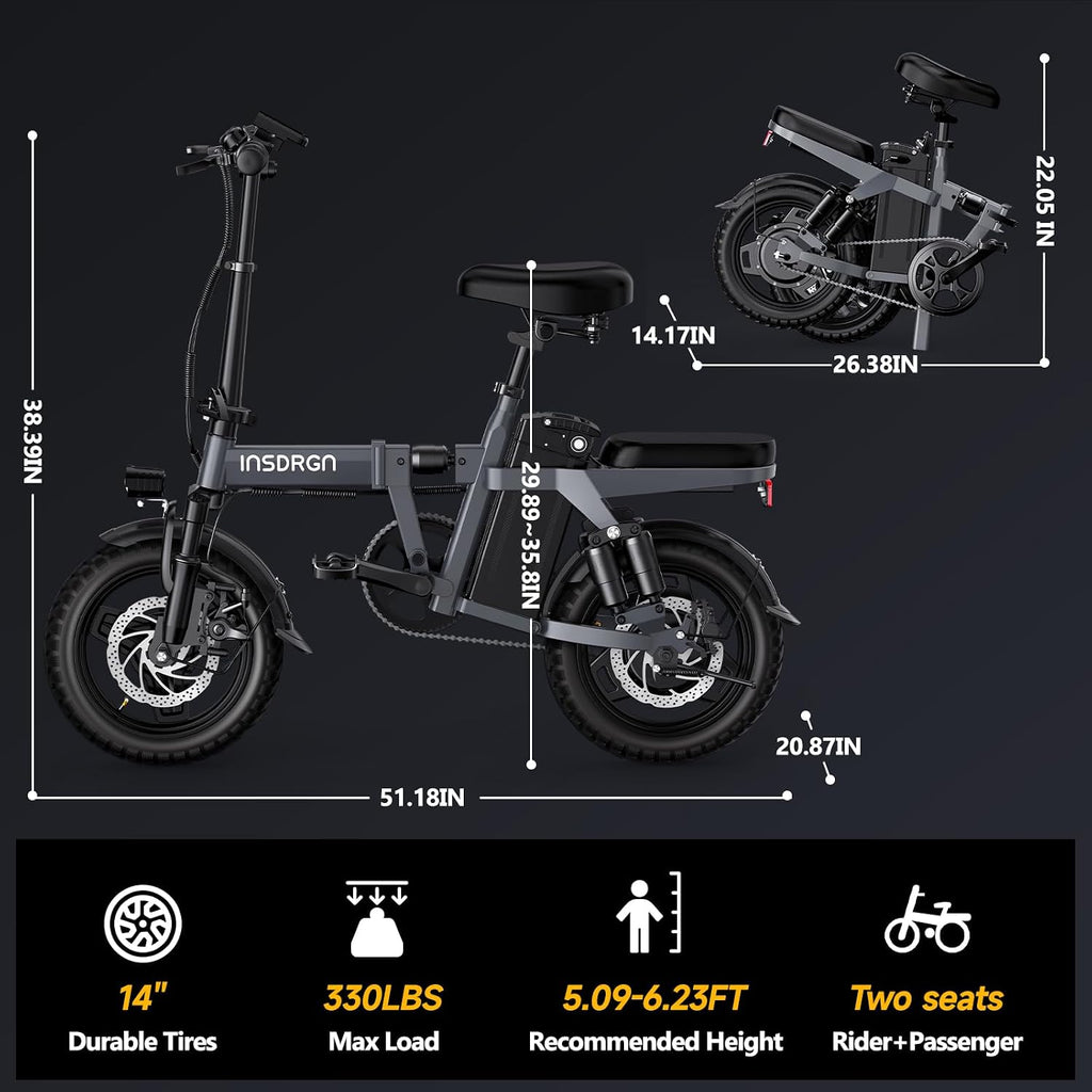 INSDRGN Folding Electric Bike for Adults Teens, Peak 1500W, 62 Miles PAS Range, 48V 16AH Removable Li Battery Ebike, 9 Shocks Full Suspension, 20 MPH Electric Bicycle, UL2849 Certified