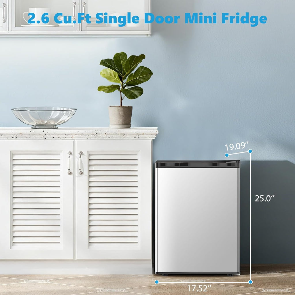 COWSAR 2.6 Cu.Ft Dorm Fridge with Freezer, Single Reversible Door Compact Refrigerator, Adjustable Thermostat, 2 Removable Shelves, Commercial Drink Fridge for Bedroom, Office, Kitchen, Dorm, Silver