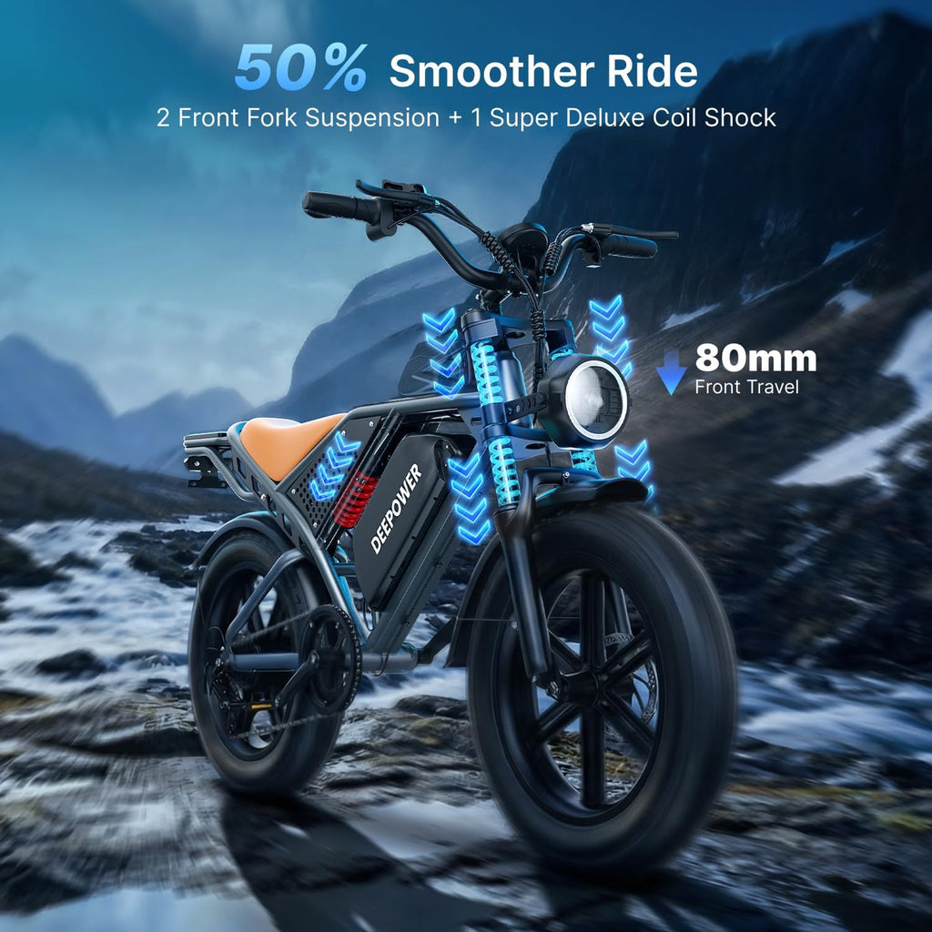 DEEPOWER QS7 Electric Bike for Adults, 2000W Peak Power 28MPH E-Bike, 48V 20Ah/35Ah/60Ah Battery Options, 35–180 Mile Range, 20' Fat Tire Ebike, 7-Speed All-Terrain Electric Bicycle