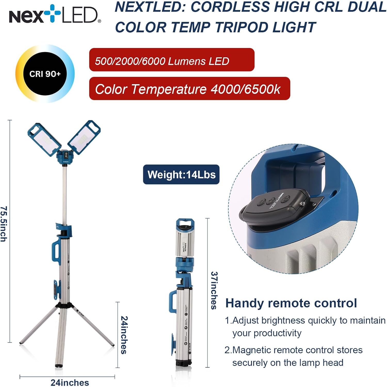 NextLED Ultimate NT-6926M Heavy Duty Tripod Work Light with Detachable Magnetic Lamp Head, 6000 Lumen, 6500/4500K Color Temperature, 8000 mAh Built-in Battery, CRI 90+, AC/DC Compitable