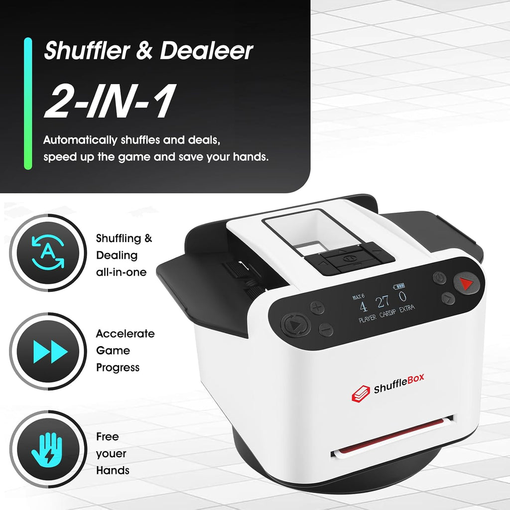ShuffleBox G1 Pro 2025 Version Automatic Card Shuffler and Dealer 2-in-1 for 12 Players, Ultra Quiet, Rechargeable, Remote Card Calling, for Board Games and Poker Games (White)