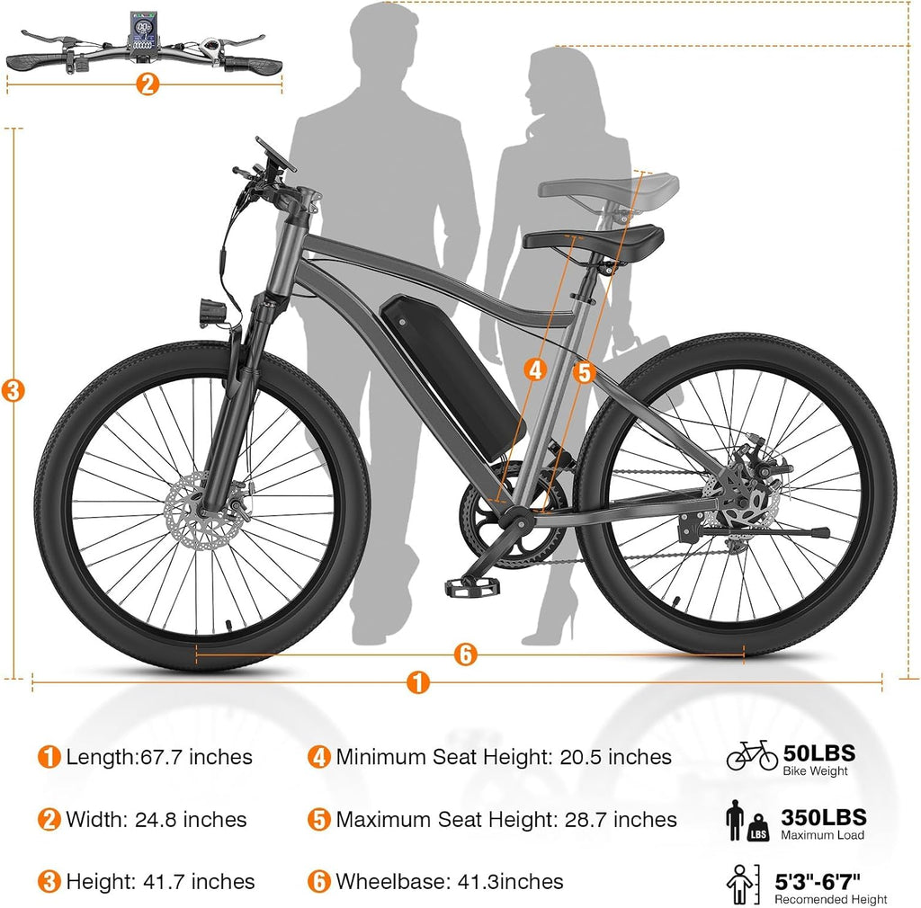 Electric Bike for Adults, 26' Commuter Ebikes with 7-Speed Gears, 25MPH Lightweight E Bike, 720W Peak Motor, 375Wh Removable Battery, 50 Miles Range, Electric Mountain Bicycles for All Terrain (Gray)