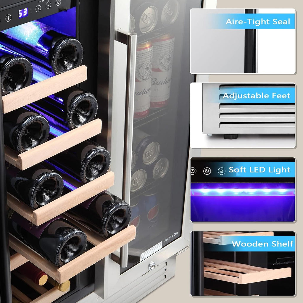 Antarctic Star 24 Inch Dual Zone Wine and Beverage Refrigerator, Built-in or Freestanding Mini Fridge with Clear Glass Door & LED Light, for Beer, Soda, and Wine