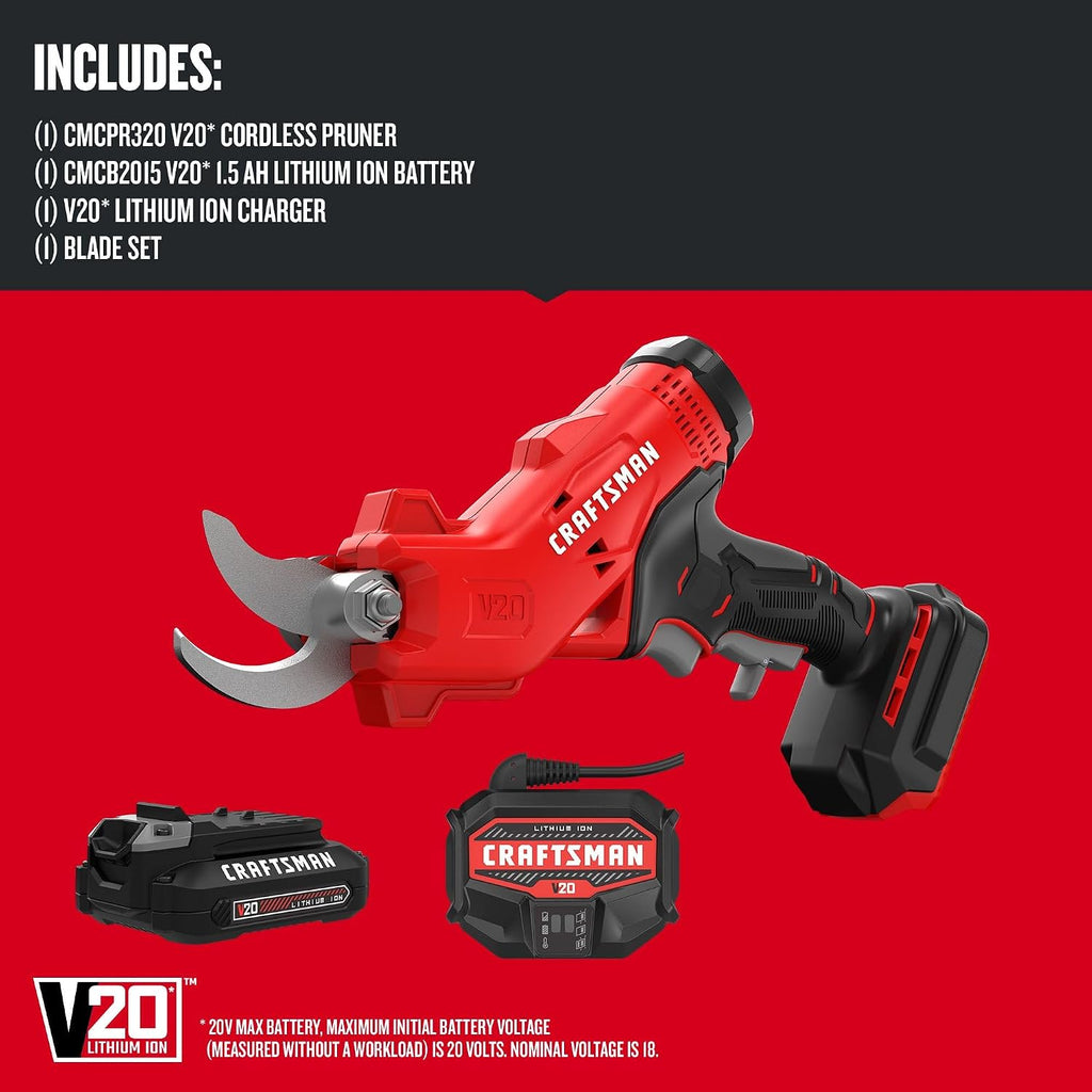 CRAFTSMAN V20 Cordless Electric Pruner, Pruning Shears for Gardening, 2 Ah Battery and Charger Included, Electric Pruning Shears, Tree Pruner (CMCPR320C1)