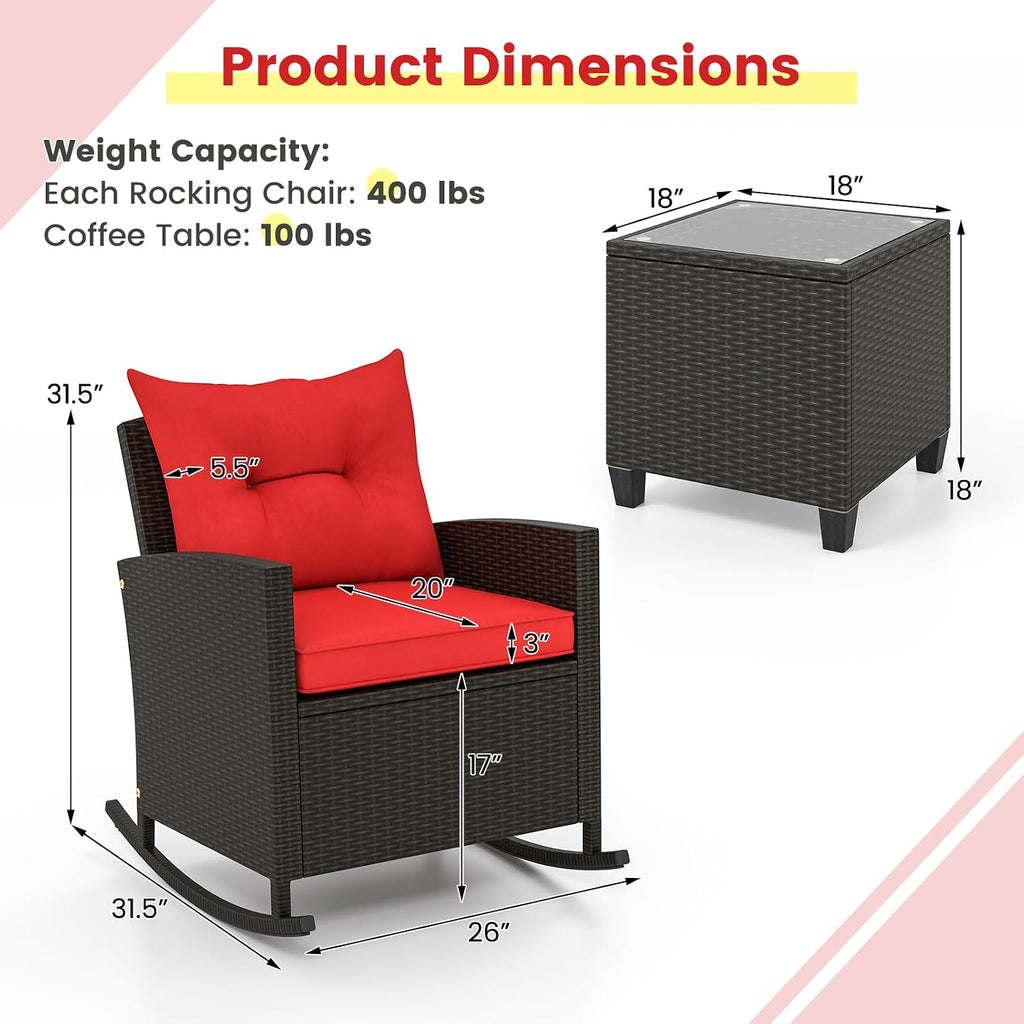 Tangkula 3 Piece Wicker Rocking Set, Patio Rattan Roker Chairs with Tempered Glass Table & Soft Cushions, Outdoor Furniture Set for Backyard, Poolside Porch (Red)
