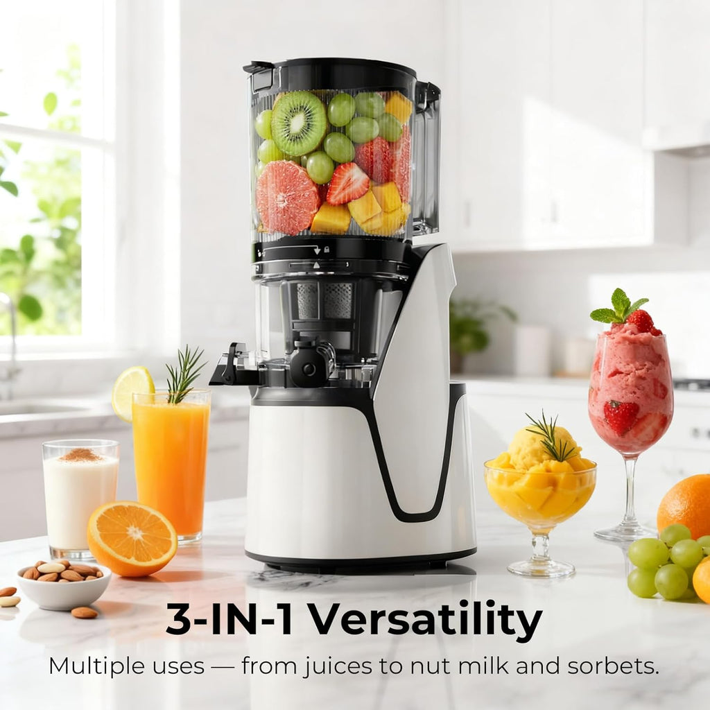 EanOruus Juicer Machines, 3-in-1 Cold Press Juicer with 6.5' Extra Large Chute, 100oz Large Capacity, AC Motor, Makes Juice, Nut Milk & Sorbet, Bright White